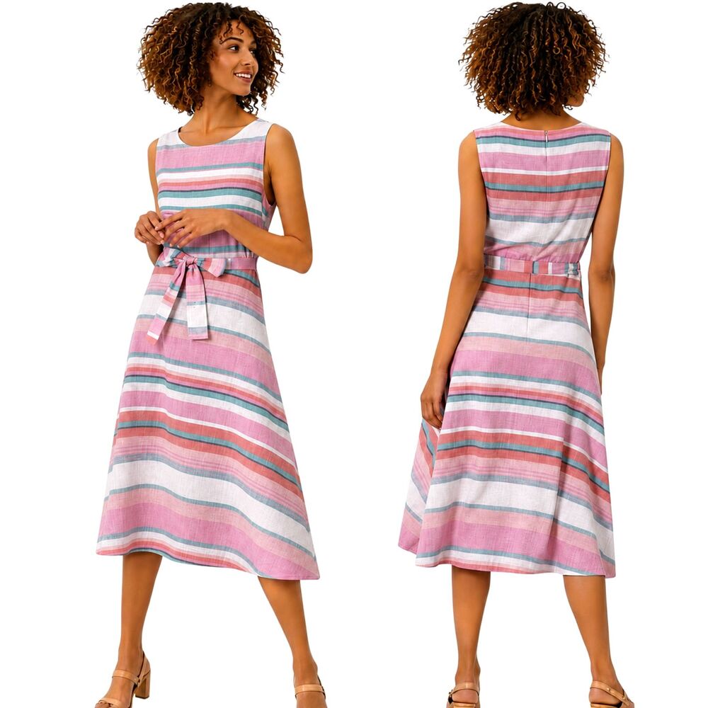 Joules Striped Sleeveless Midi Dress in Pink, Coral, Teal and White NWT